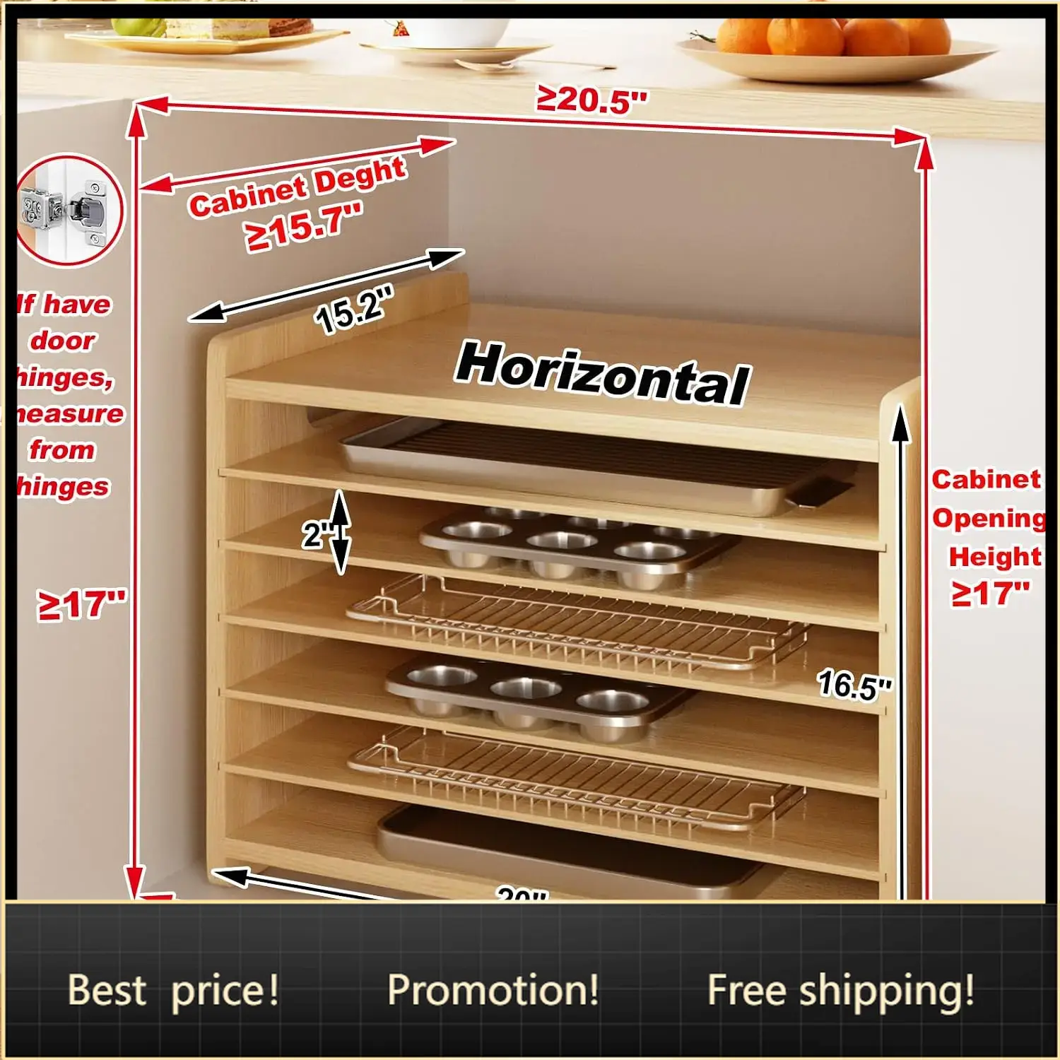 Kitchen Baking Sheet Organizer - 7 Tier Wooden Tray Dividers for
