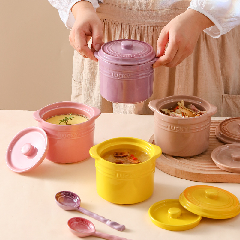 Kitchen Baking Utensil - Double Lid Ceramic Bowl,Bird's Nest Steamed